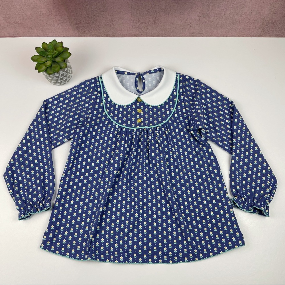 Shrimp And Grits Kids Serendipity Blue White Floral Collared Long Sleeve Top